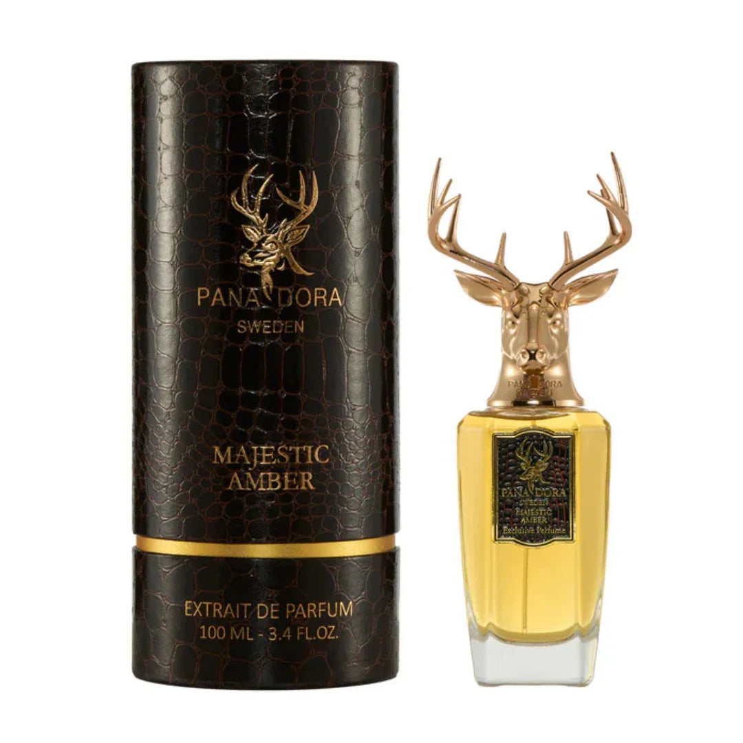 Majestic Amber von Pana Dora; Duftflakon mit goldener Hirschfigur auf dem Deckel, neben schwarzer, zylindrischer Verpackung.