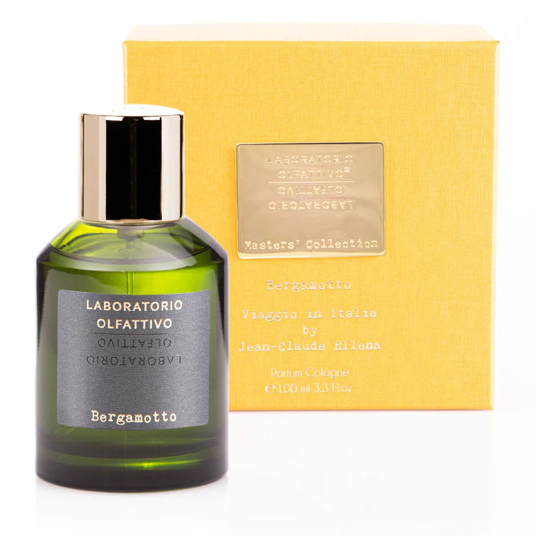 Flasche "Viaggio in Italia Bergamotto" von Laboratorio Olfattivo, dunkles Glas mit gelber Verpackungsbox.