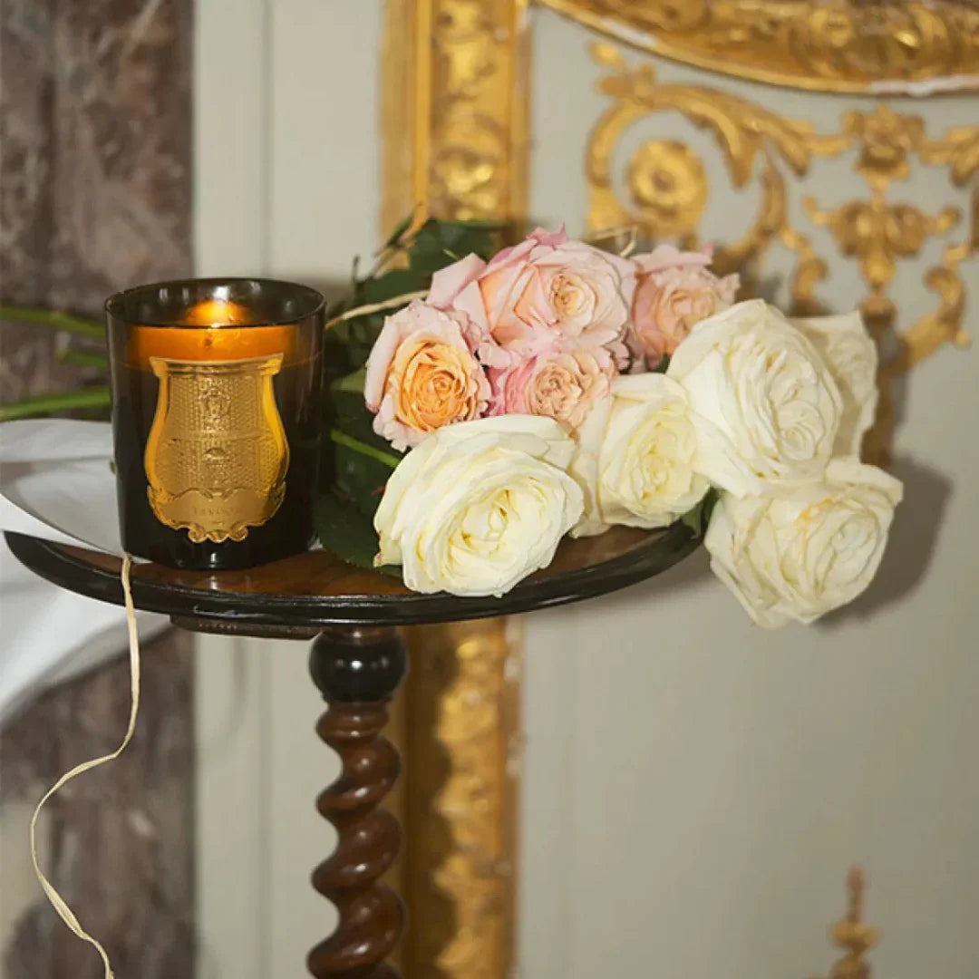 Duftkerze JOSÉPHINE von Trudon, in einem dunklen Glas mit goldener Verzierung, neben rosa und weißen Rosen auf einem Tisch.