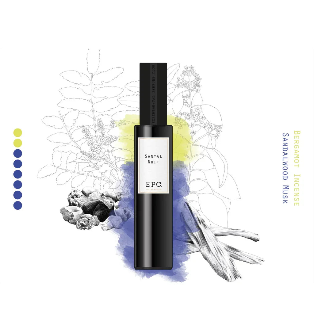 Schwarze Parfümflasche "Santal Nuit" von Experimental Perfume Club mit weißem Etikett und floralem Hintergrund.