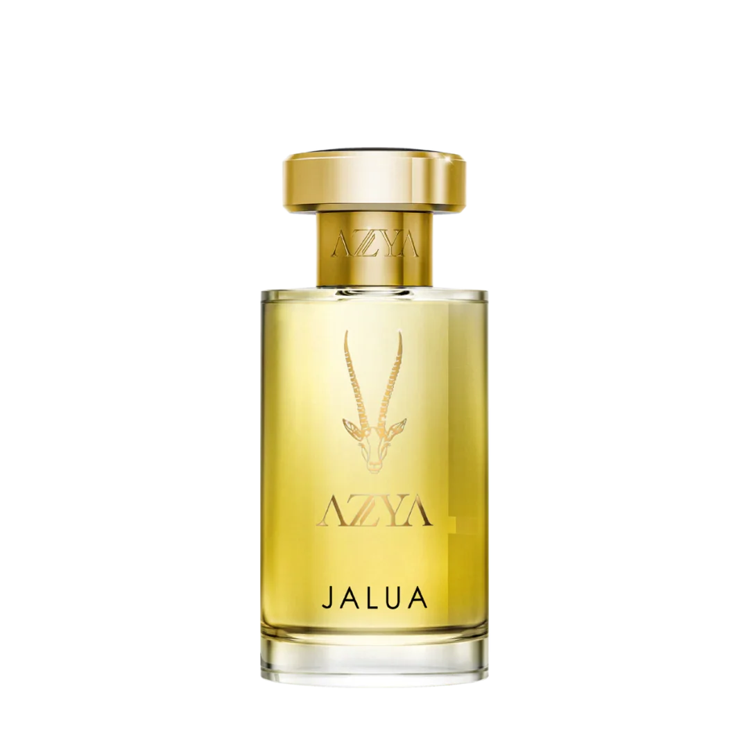 Parfümflakon "Jalua" von Azya. Klare Glasflasche, goldener Verschluss, gazellenartiges Symbol und "AZYA"-Schriftzug.