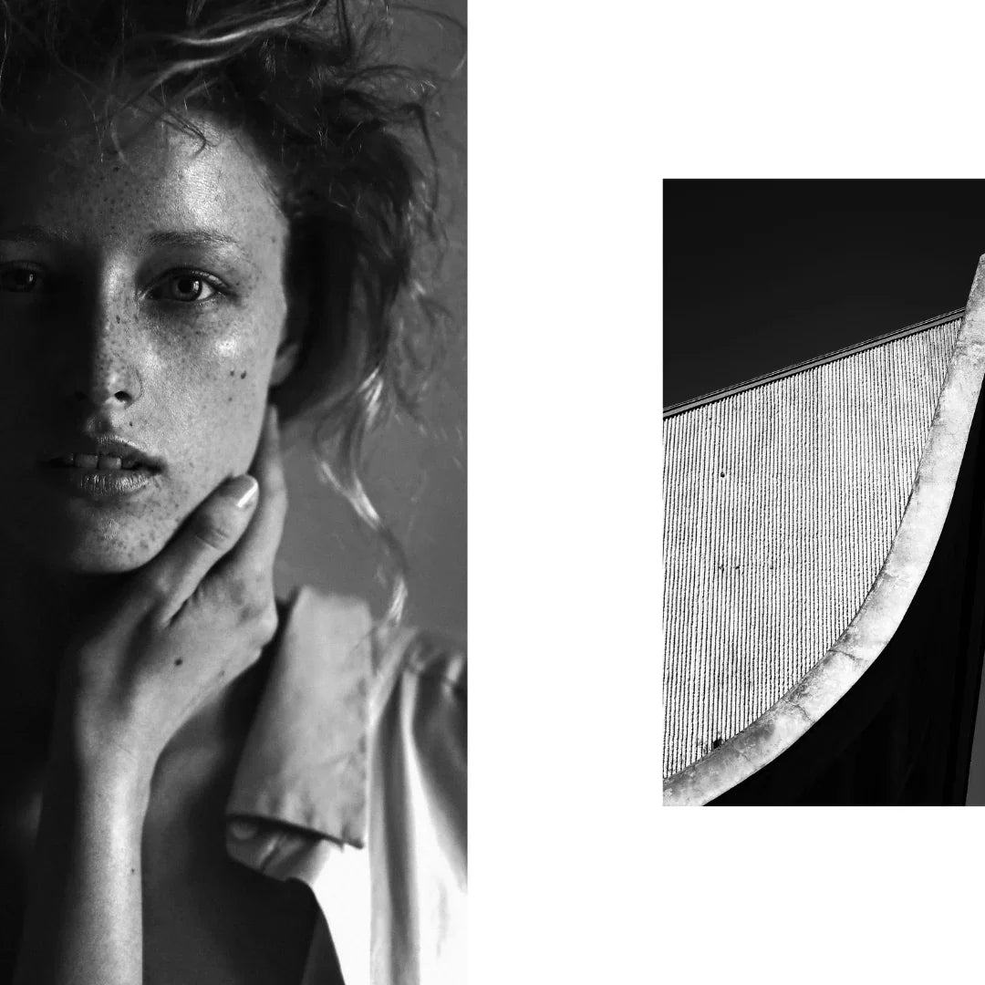 Schwarz-weiß Foto von einer Person mit nachdenklichem Ausdruck, eine Hand am Kinn. Rechts abstraktes Architekturdetail. "Clown" von FUMparFUM.