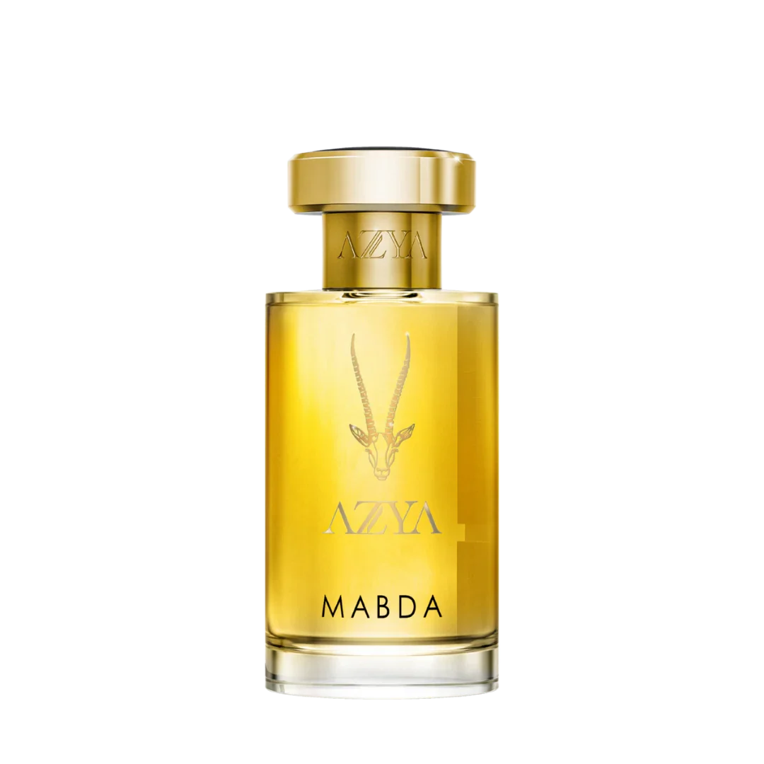 Flakon "Mabda" von Azya, transparenter Glasflakon mit goldenem Verschluss; azurblaues Logo und Verschluss.