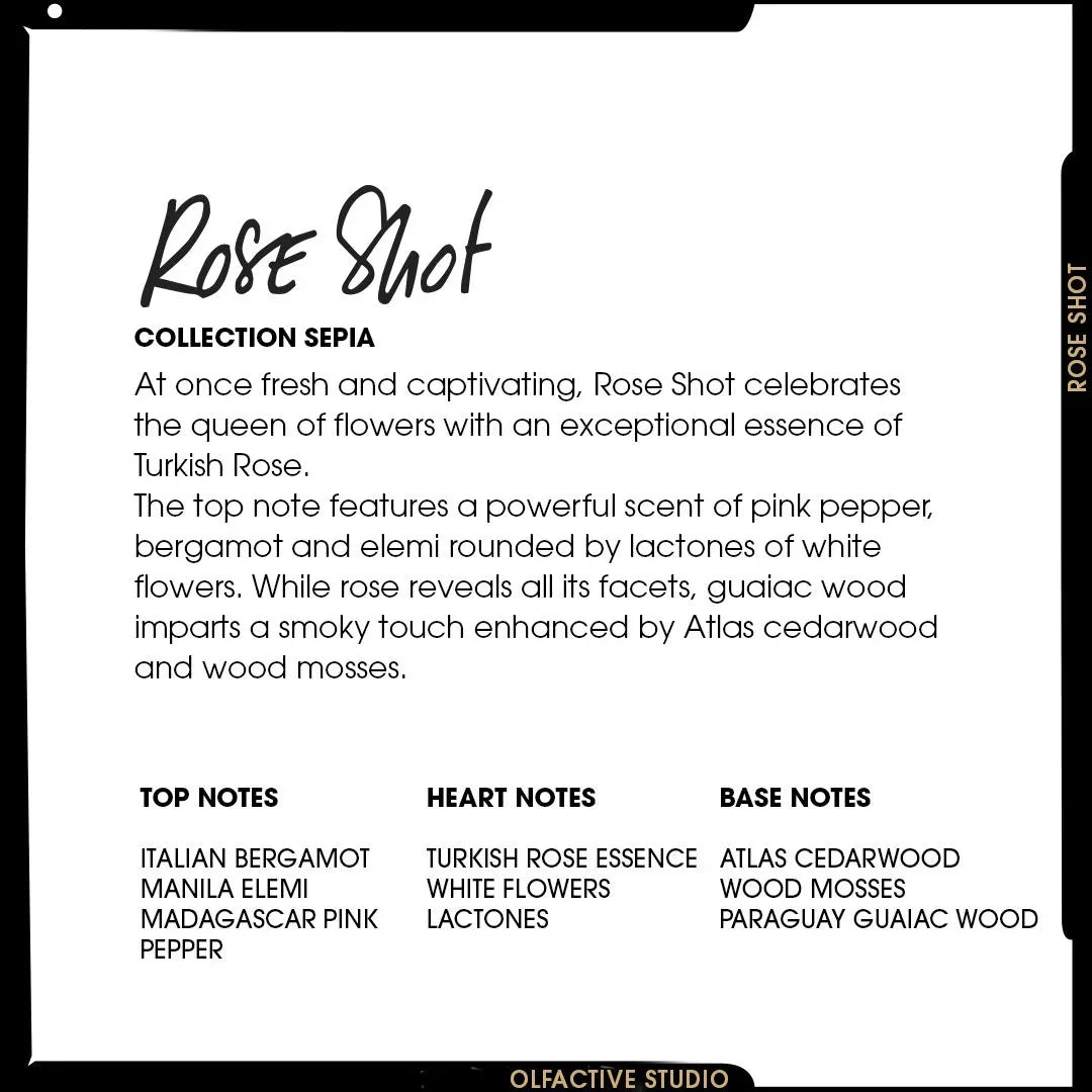 Produkt "Rose Shot" von Olfactive Studio. Text präsentiert Duftnoten und Inhaltsstoffe, inklusive der Kopfnote."