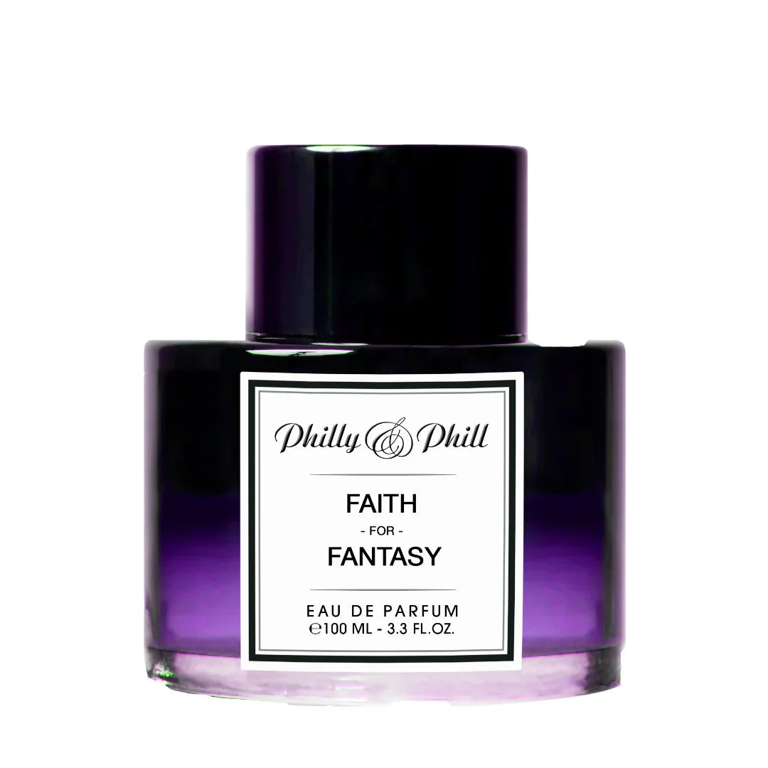 Parfümflakon "FAITH FOR FANTASY" von Philly & Phill, zylindrische Form, violette Farbverläufe, Etikett in Weiß.