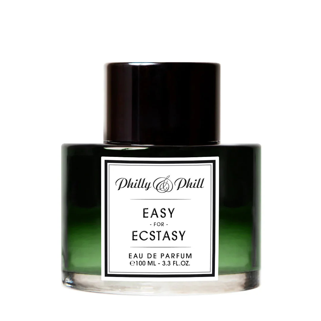 Ein Parfümflakon "EASY FOR ECSTASY" von Philly & Phill mit schwarzem Deckel und grünem Glas.