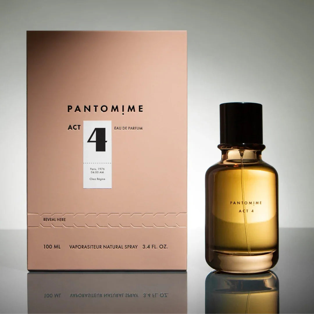 Pantomime ACT 4 Eau de Parfum Flasche und Verpackung mit minimalistischem Design und schwarzem Verschluss.