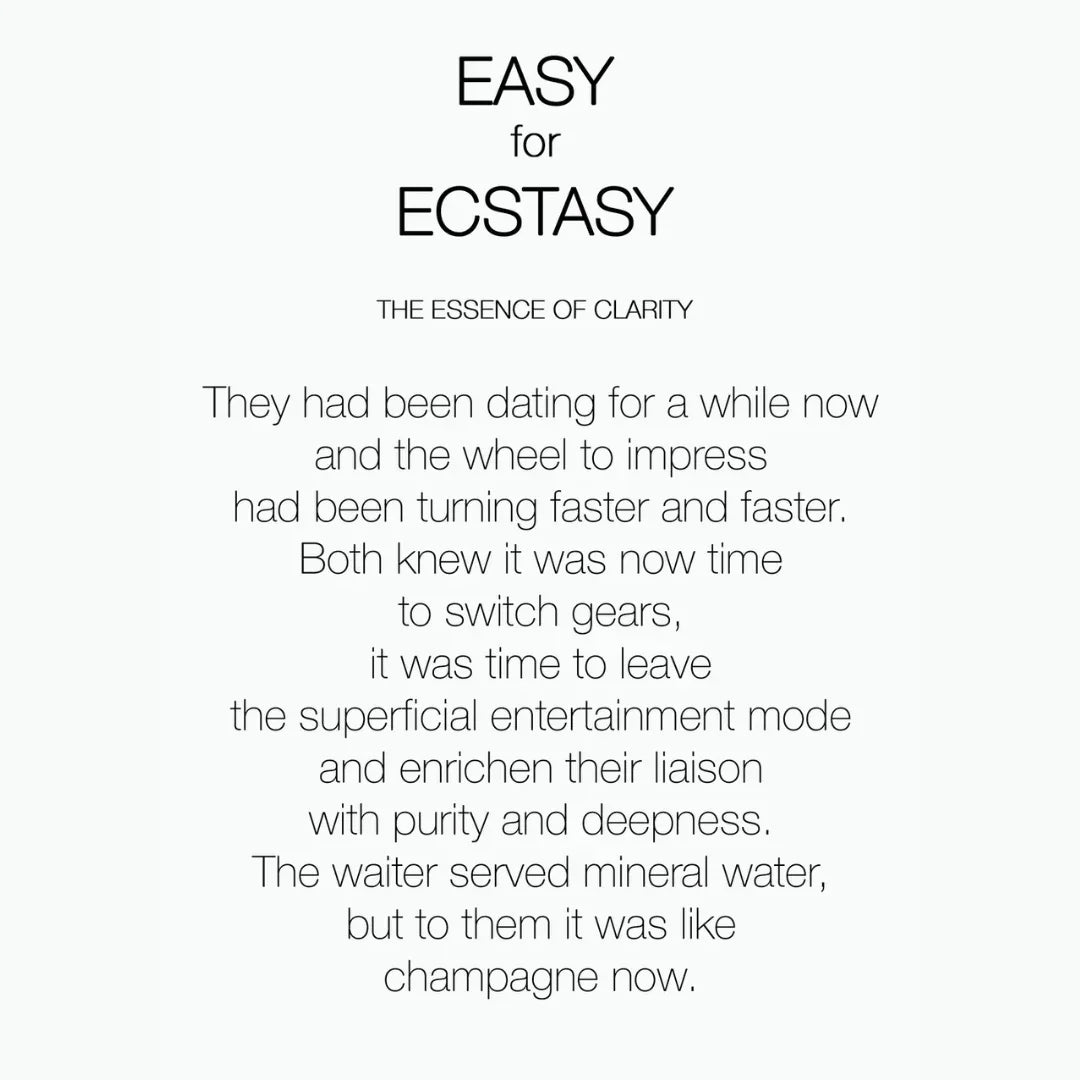 Produkt "EASY FOR ECSTASY" von "Philly & Phill": Schwarzer Text auf weißem Hintergrund, poetischer Stil.