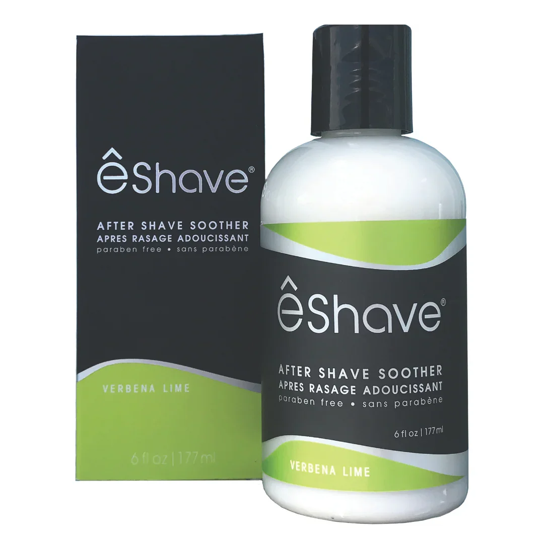 Lotion Verbena Lime von eShave, Aftershave-Balsam in einer weißen Flasche mit schwarzer Kappe und grünem Etikett.