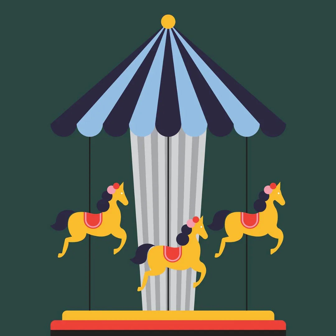 Ein Karussell mit drei gelben Pferden und blauen und weißen Streifen auf dem Dach. Titel: Clown. Anbieter: FUMparFUM.