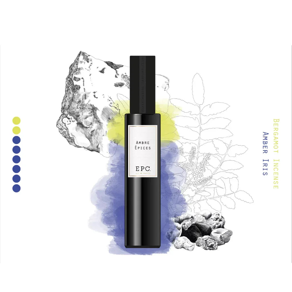 Dunkle, zylindrische Parfümflasche "Ambre Epices" von Experimental Perfume Club mit quadratischem Etikett.