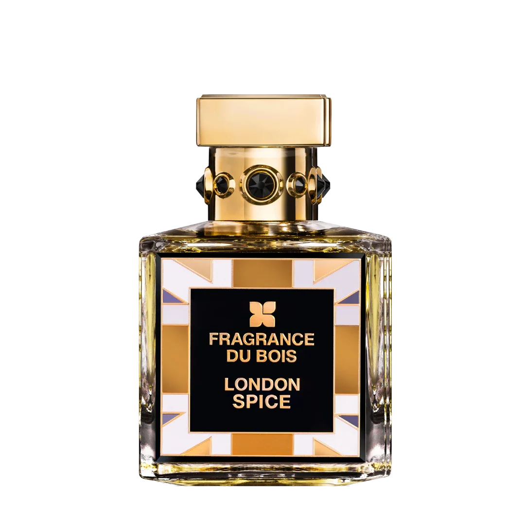 Parfümflakon "London Spice" von FRAGRANCE DU BOIS, mit goldener Kappe und rechteckigem Körper, schwarzes Etikett mit weiß-goldenem Design.