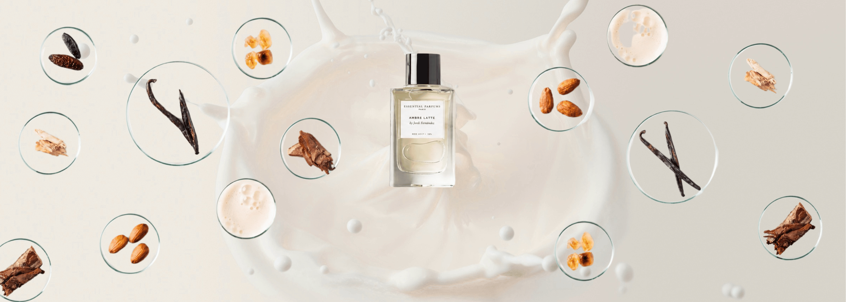Bildcollage mit Nischenduft Flakon Ambre Latte von Essential Parfums by Jordi Fernandez bei scent amor vor Mandelmilch Splash. scentamor dein Fachmann für die feinen Nischenparfums