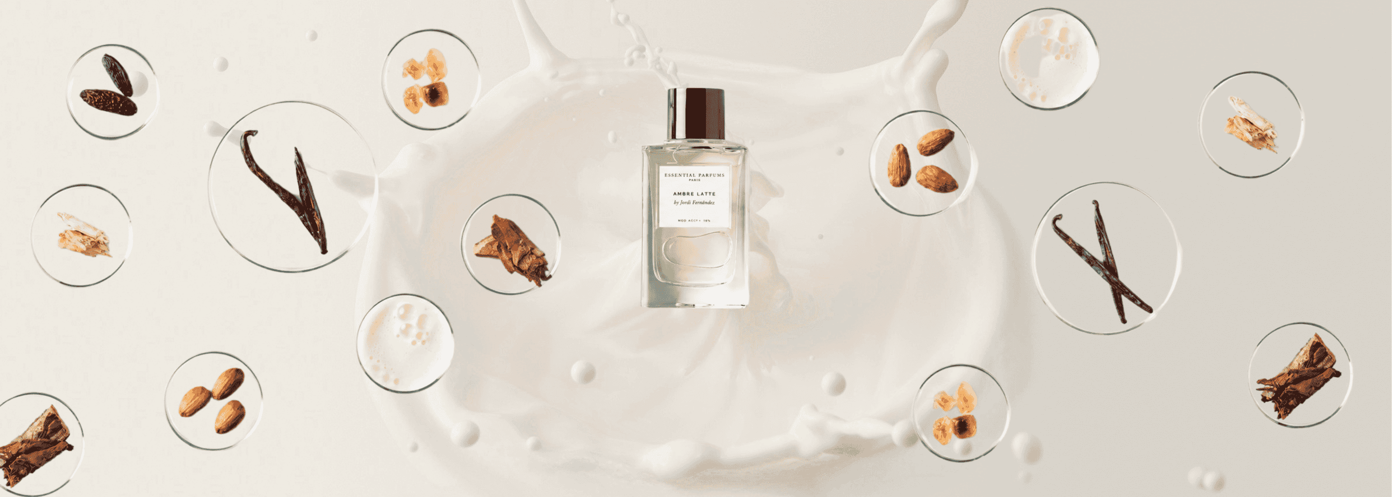 Bildcollage mit Nischenduft Flakon Ambre Latte von Essential Parfums by Jordi Fernandez bei scent amor vor Mandelmilch Splash. scentamor dein Fachmann für die feinen Nischenparfums