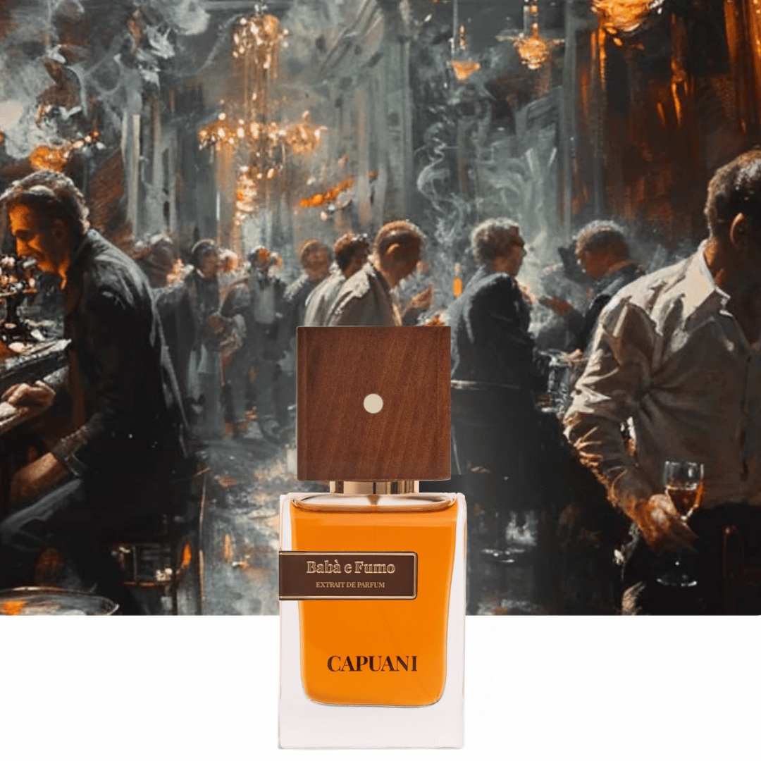 Capuani BABÀ E FUMO Extrait de Parfum mit Gemälde im Hintergrund und der Nischenduft Flakon davor präsentiert bei scent amor