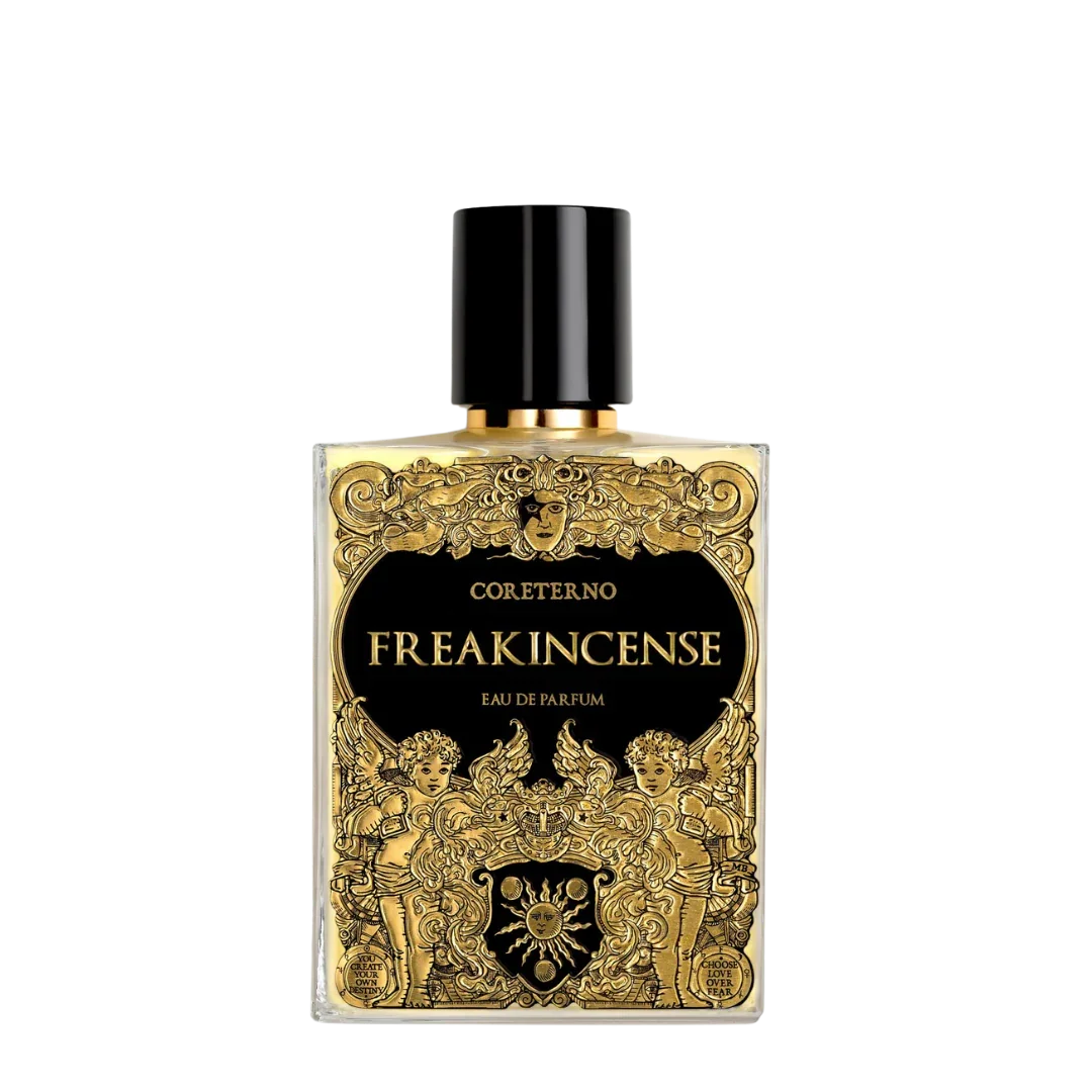 Freakincense Eau de Parfum von Coreterno - luxuriöser Nischenduft im kunstvollen Flakon auf transparentem Hintergrund, erhältlich bei scent amor