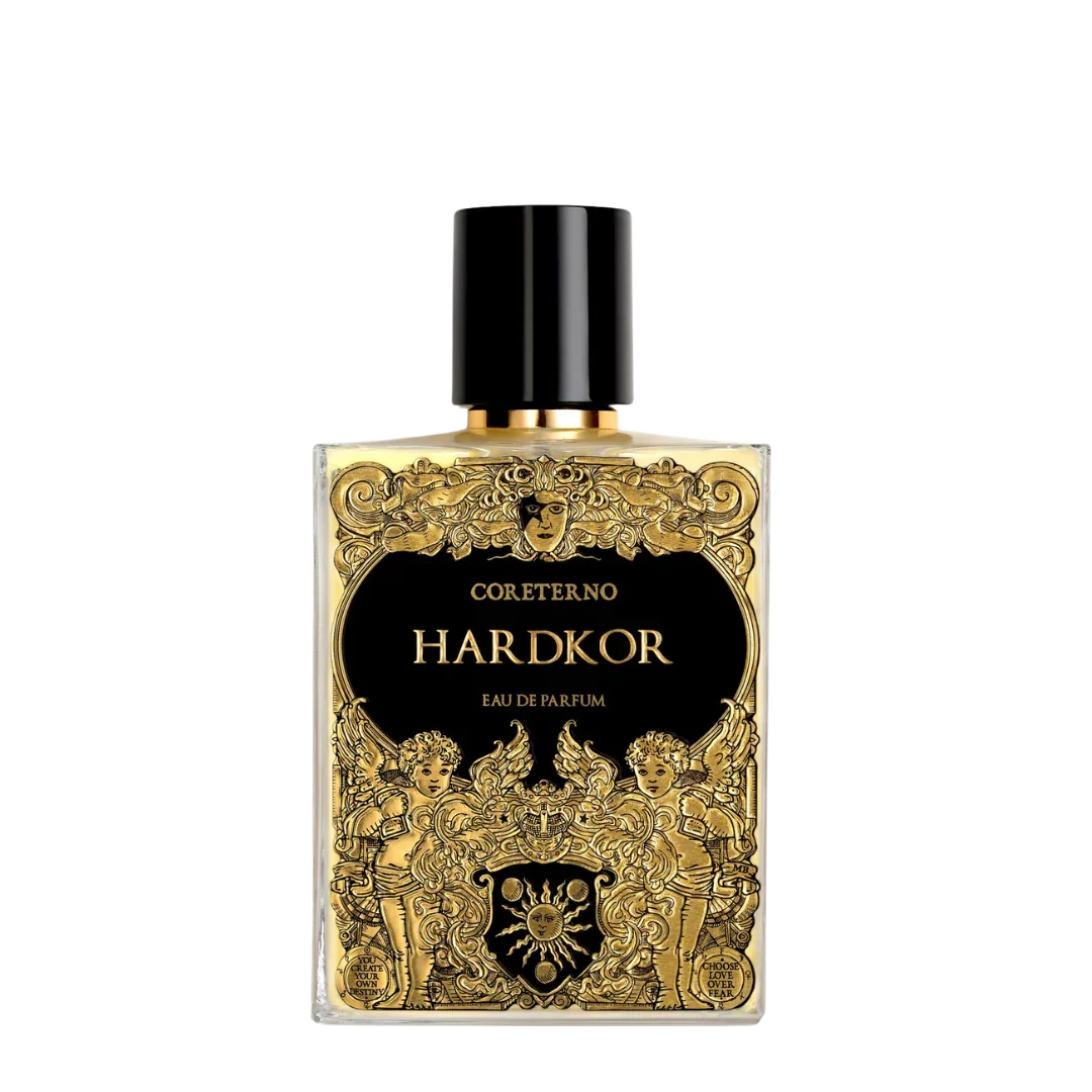 Avantgardistischer Duftflakon mit dem Eau de Parfum Hardkor von Coreterno auf transparentem Hintergrund - ein luxuriöser Nischenduft, erhältlich bei scent amor