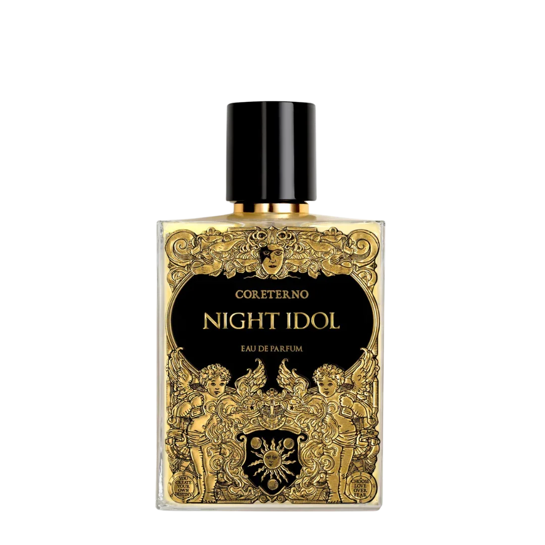 Künstlerisch gestalteter Flakon von Coreterno mit dem Eau de Parfum Night Idol auf transparentem Hintergrund - ein eleganter Nischenduft bei scent amor erhältlich