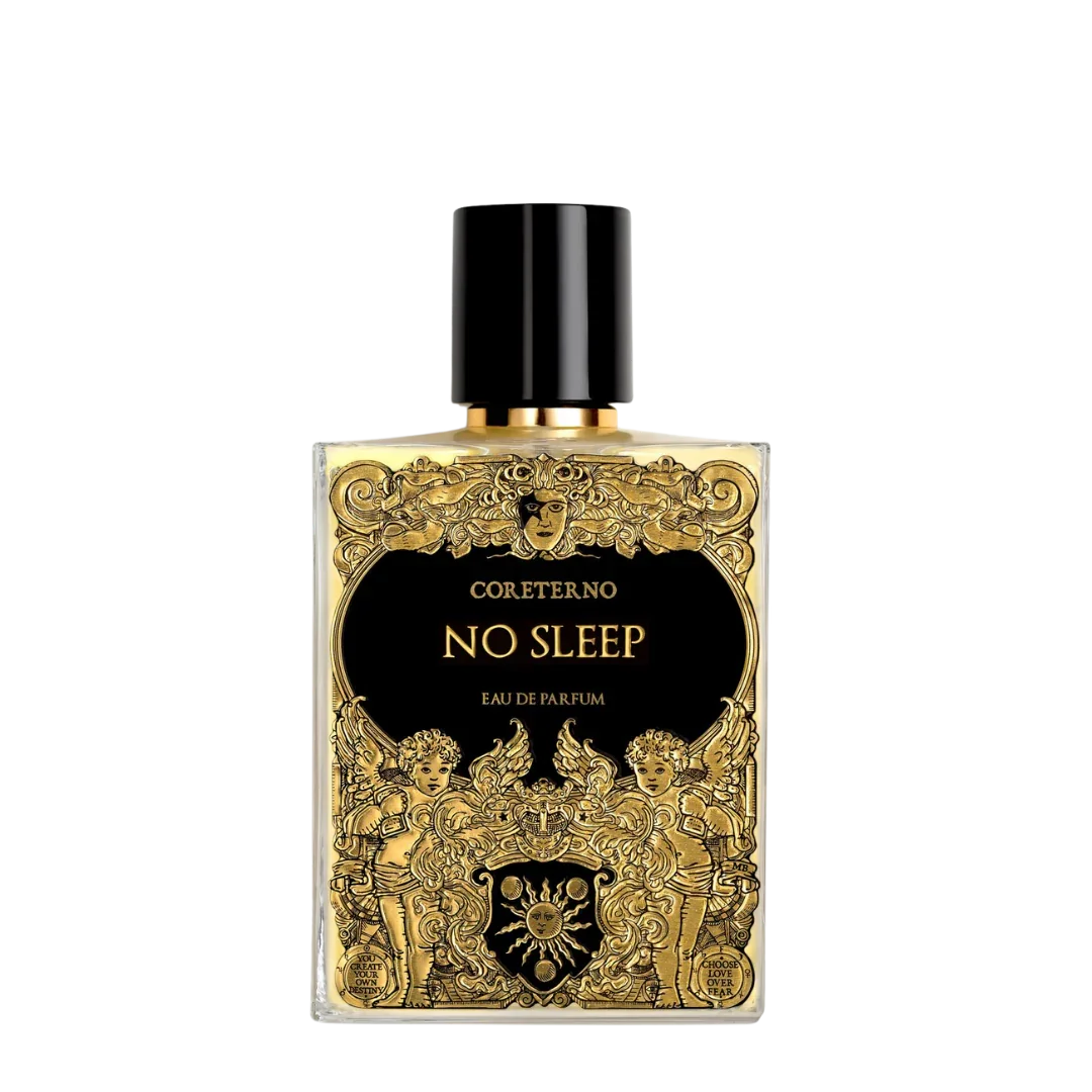 No Sleep von Coreterno - ein kraftvoller Eau de Parfum Nischenduft im stilvollen, schwarz-goldenen Flakon auf transparentem Hintergrund, erhältlich bei scent amor