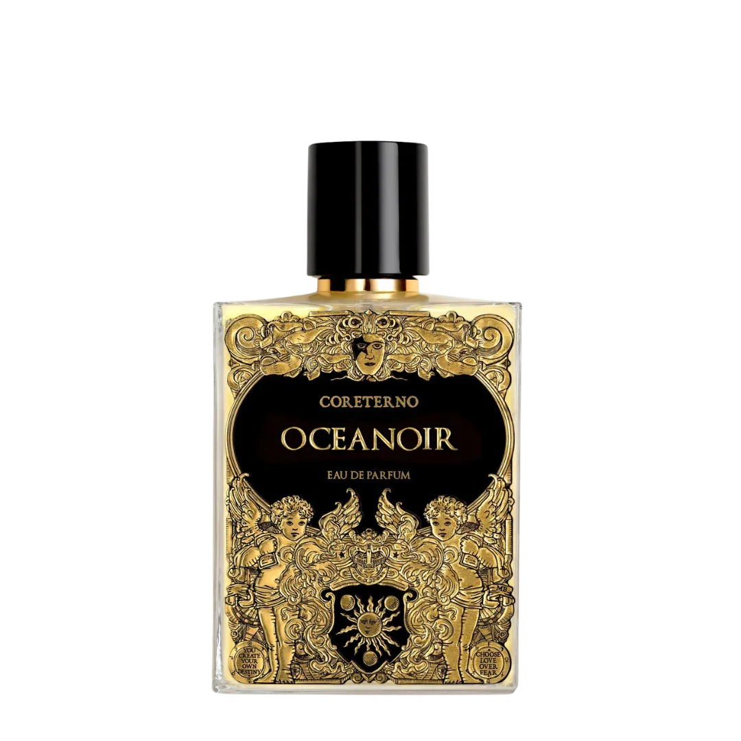 Oceanoir Eau de Parfum von Coreterno - luxuriöser Nischenduft im schwarzen Flakon mit goldener Prägung auf transparentem Hintergrund, erhältlich bei scent amor