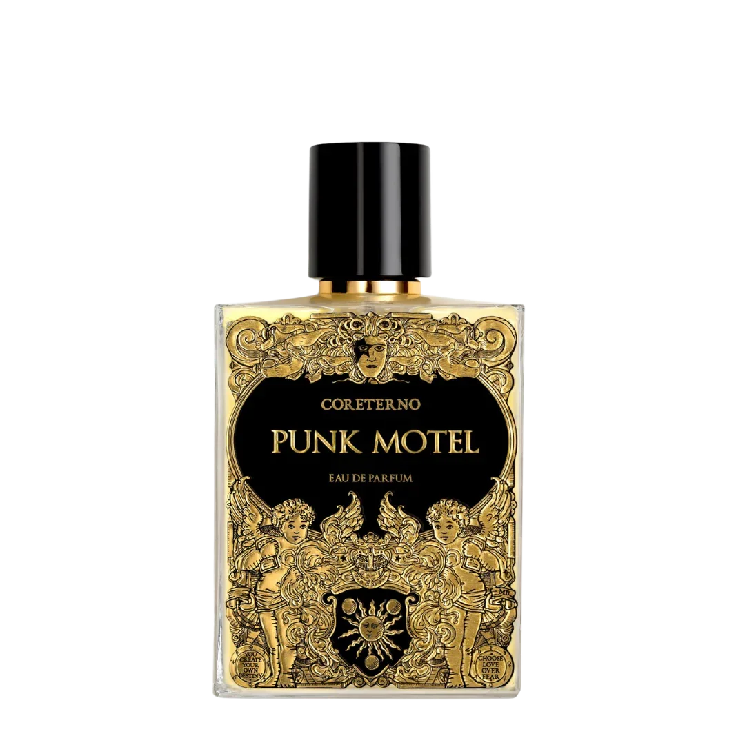 Punk Motel Eau de Parfum von Coreterno - rebellischer Nischenduft im kunstvollen Designflakon auf transparentem Hintergrund, erhältlich bei scent amor