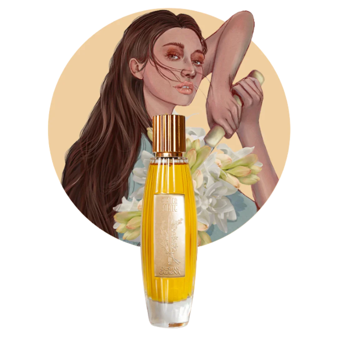 Eleganter Nischenduft von Cristian Cavagna: Bianca Forte, ein intensives Extrait de Parfum - präsentiert von scent amor vor gezeichneter Frau mit Blumenstrauß