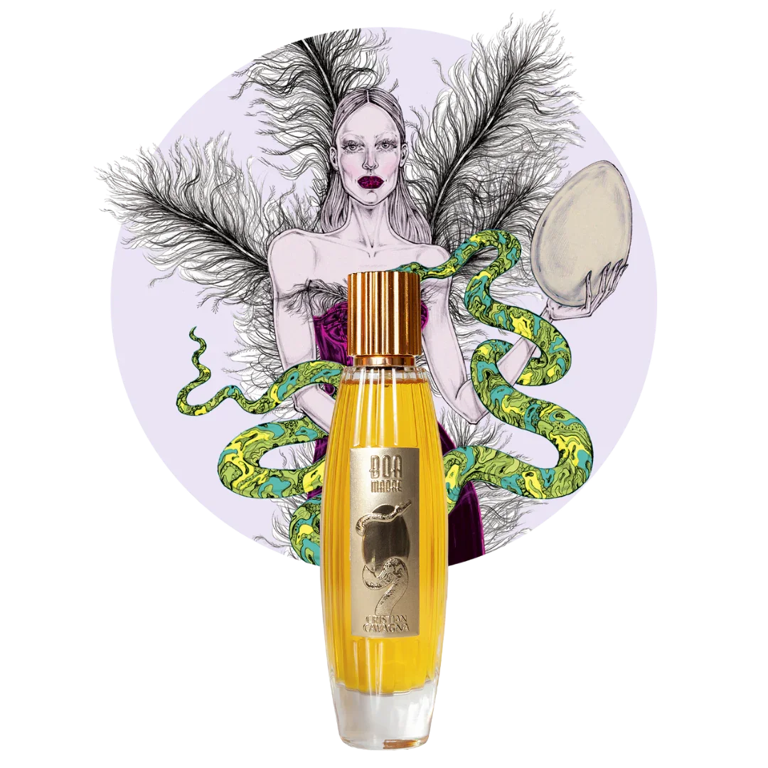 Boa Madre Extrait de Parfum von Cristian Cavagna, luxuriös und ausdrucksstark - scent amor präsentiert, gezeigt vor gezeichneter Frau mit Schlange