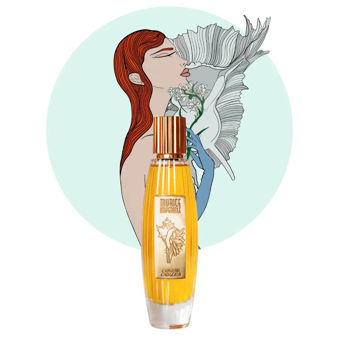 Cristian Cavagna Murice Imperiale, intensives Extrait de Parfum - ein Duft mit Tiefe und Stil, erhältlich bei scent amor, abgebildet vor gezeichneter Frau