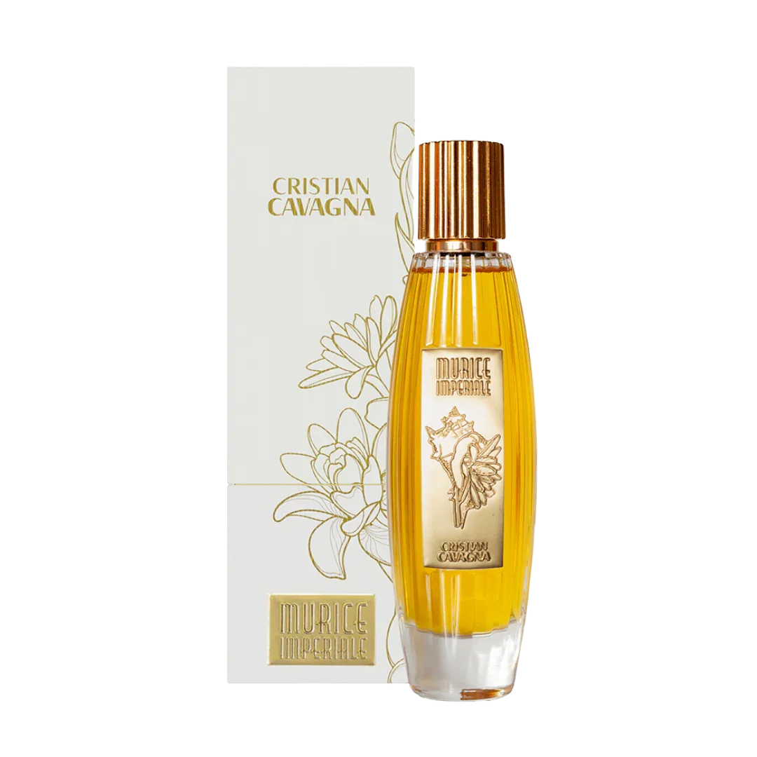 Murice Imperiale Extrait de Parfum von Cristian Cavagna, luxuriös und ausdrucksstark - bei scent amor, Flakon steht neben der Verpackung