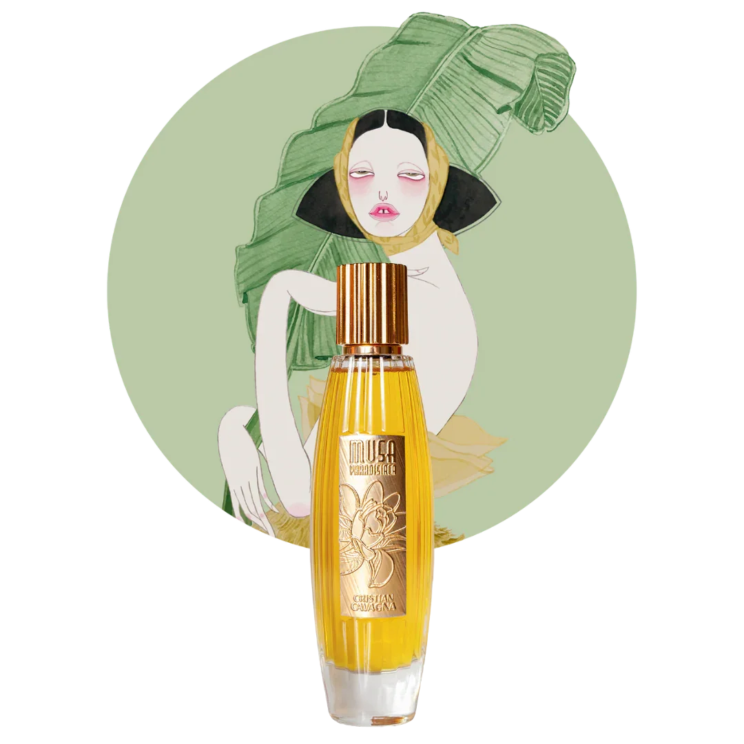 Musa Paradisiaca, sinnlicher Extrait de Parfum von Cristian Cavagna - ein edler Nischenduft bei scent amor, dargestellt vor gezeichneter Frau mit Blatt