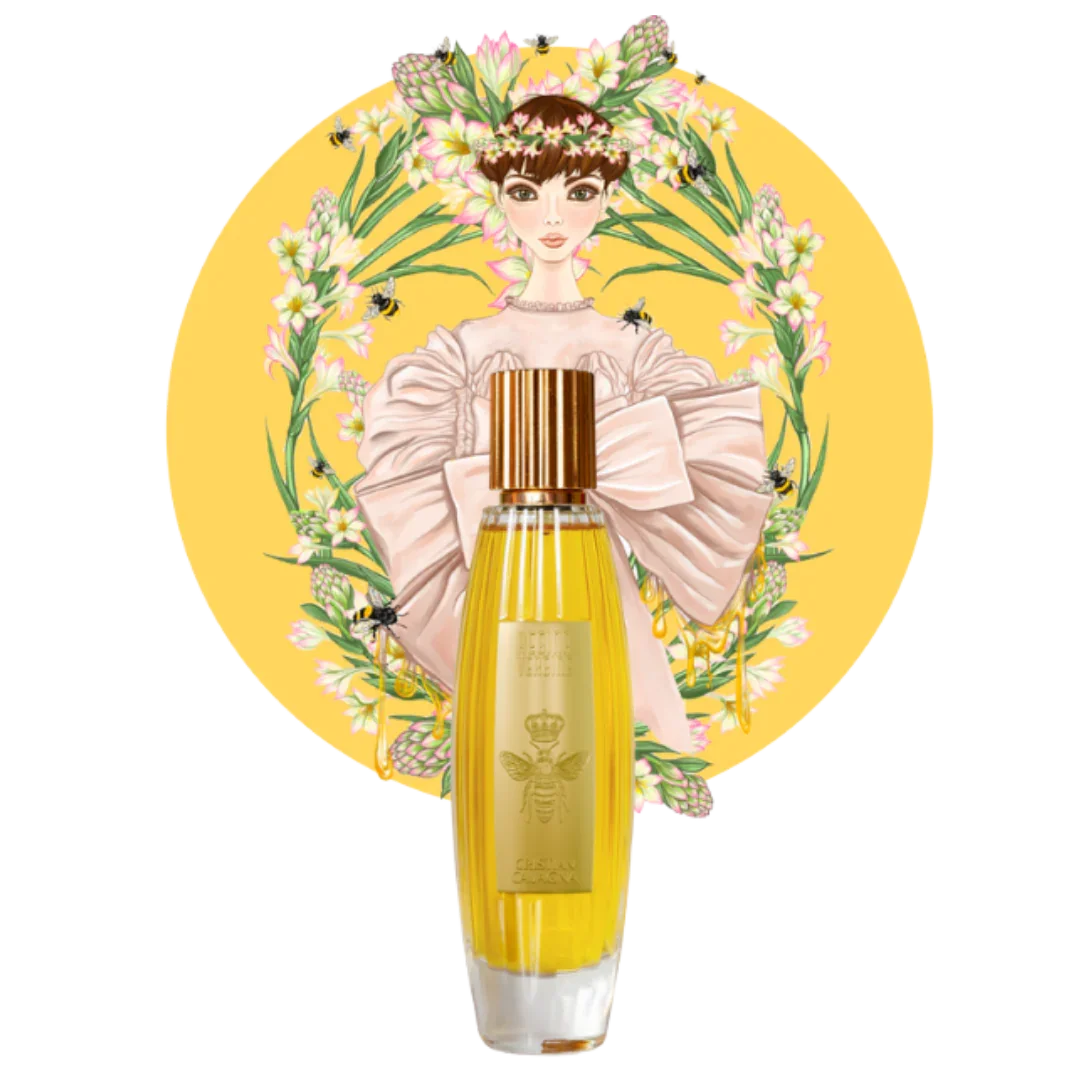 Cristian Cavagna, Regine Vergine, elegantes Extrait de Parfum mit Charakter - erhältlich bei scent amor, präsentiert vor gezeichneter Frau von Blumen umgeben