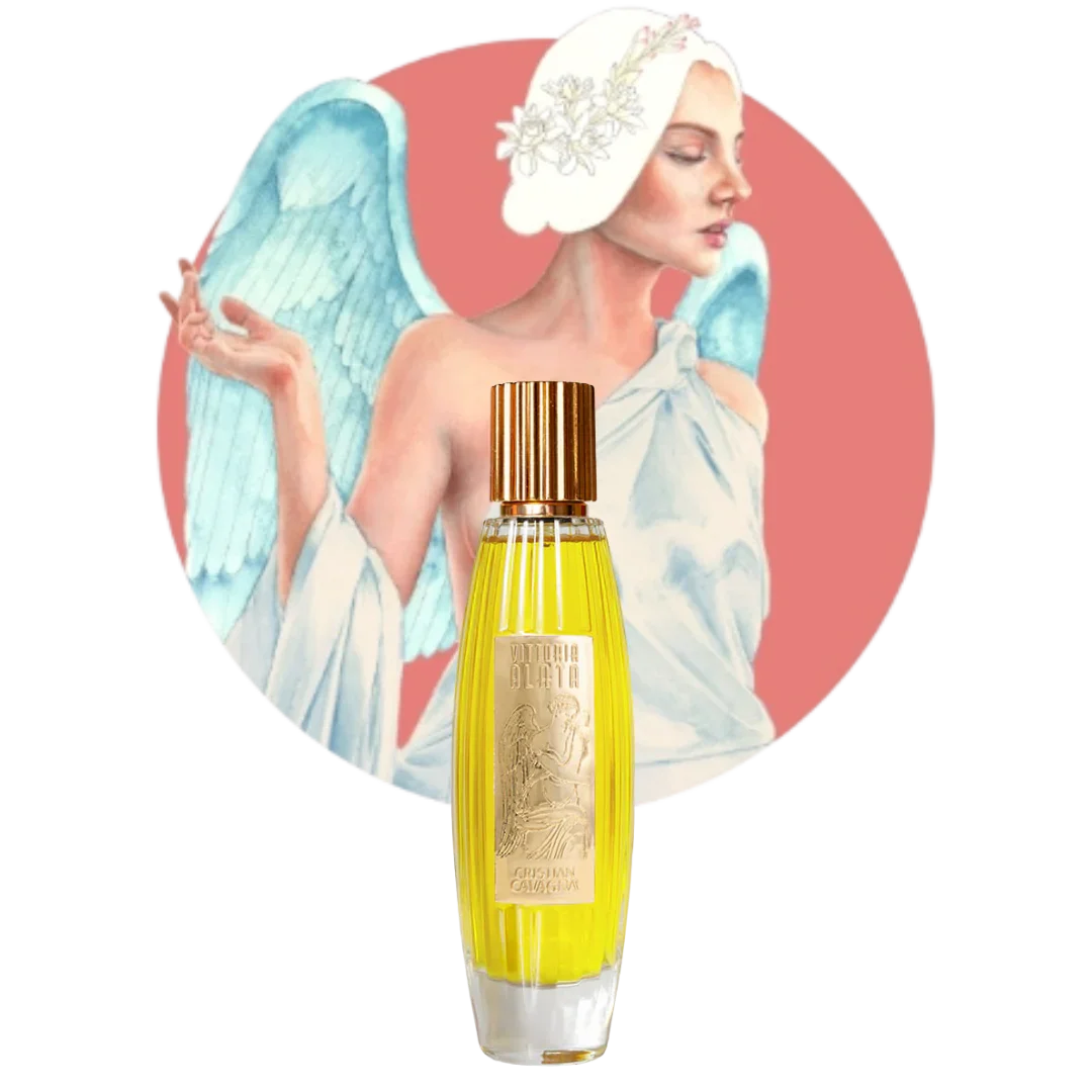 Vittoria Alata von Cristian Cavagna, ein luxuriöses Extrait de Parfum - erhältlich bei scent amor, gezeigt vor gezeichneter Frau mit Engelsflügeln