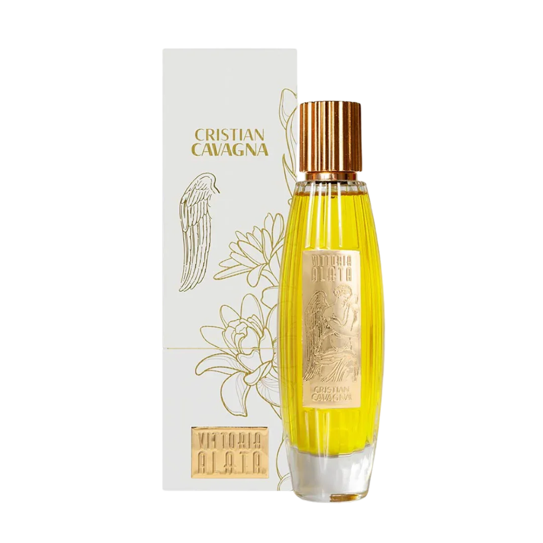 Cristian Cavagna Vittoria Alata, intensives Extrait de Parfum - ein Duft mit Tiefe und Stil, erhältlich bei scent amor, abgebildet neben der Verpackung