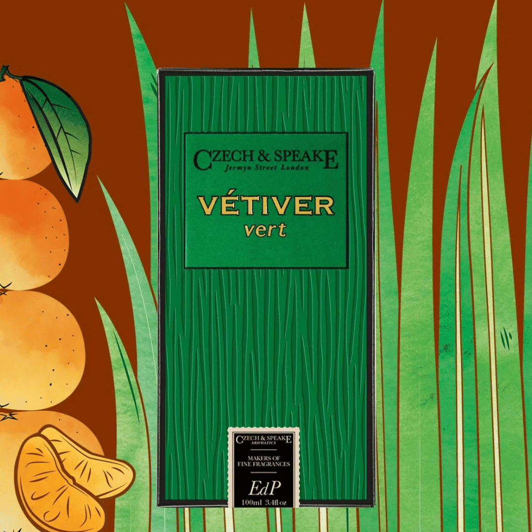 Czech & Speake Vetiver Vert Eau de Parfum vor gemaltem Hintergrund präsentiert bei scent amor
