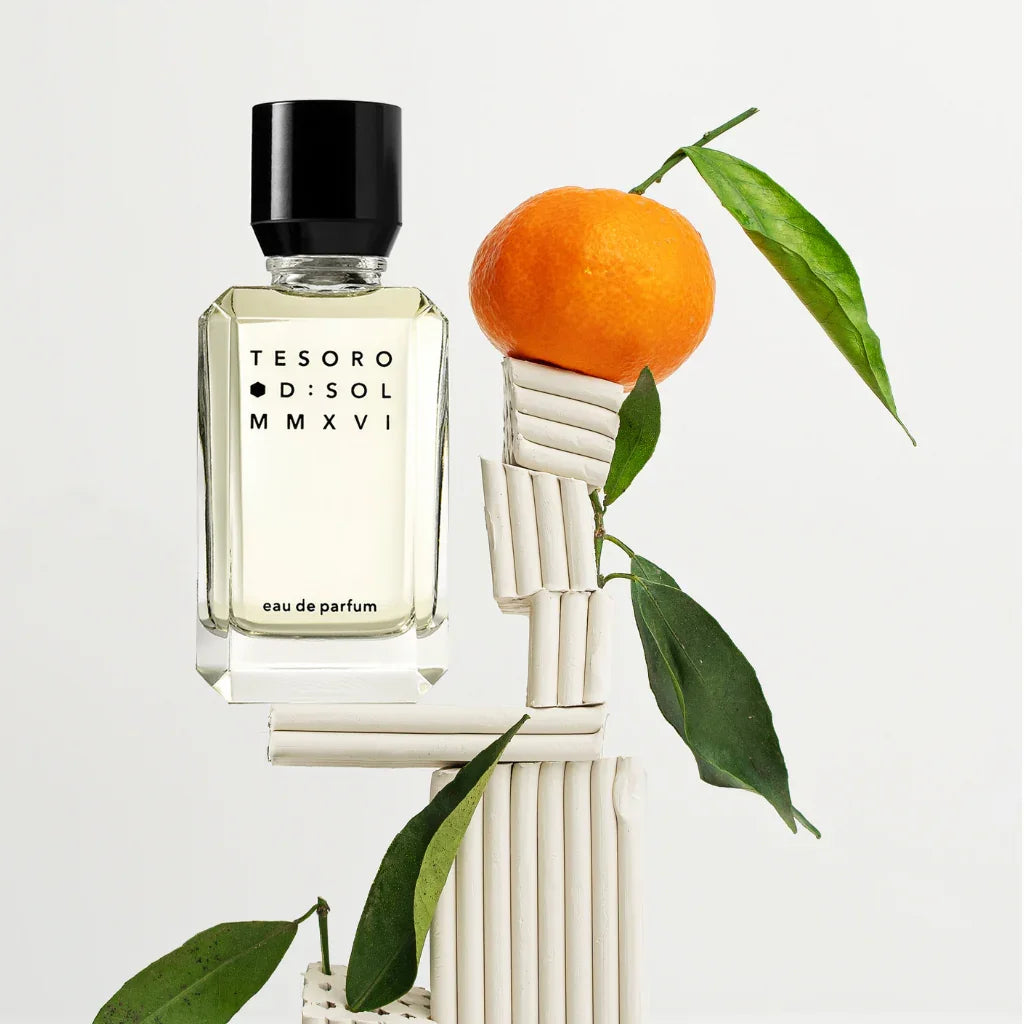 Erlebe TESORO von D:SOL MMXVI – sonniger Duftmoment mit Zitrus und Leder, online erhältlich bei scent amor Abbildung mit Orange und Blätter