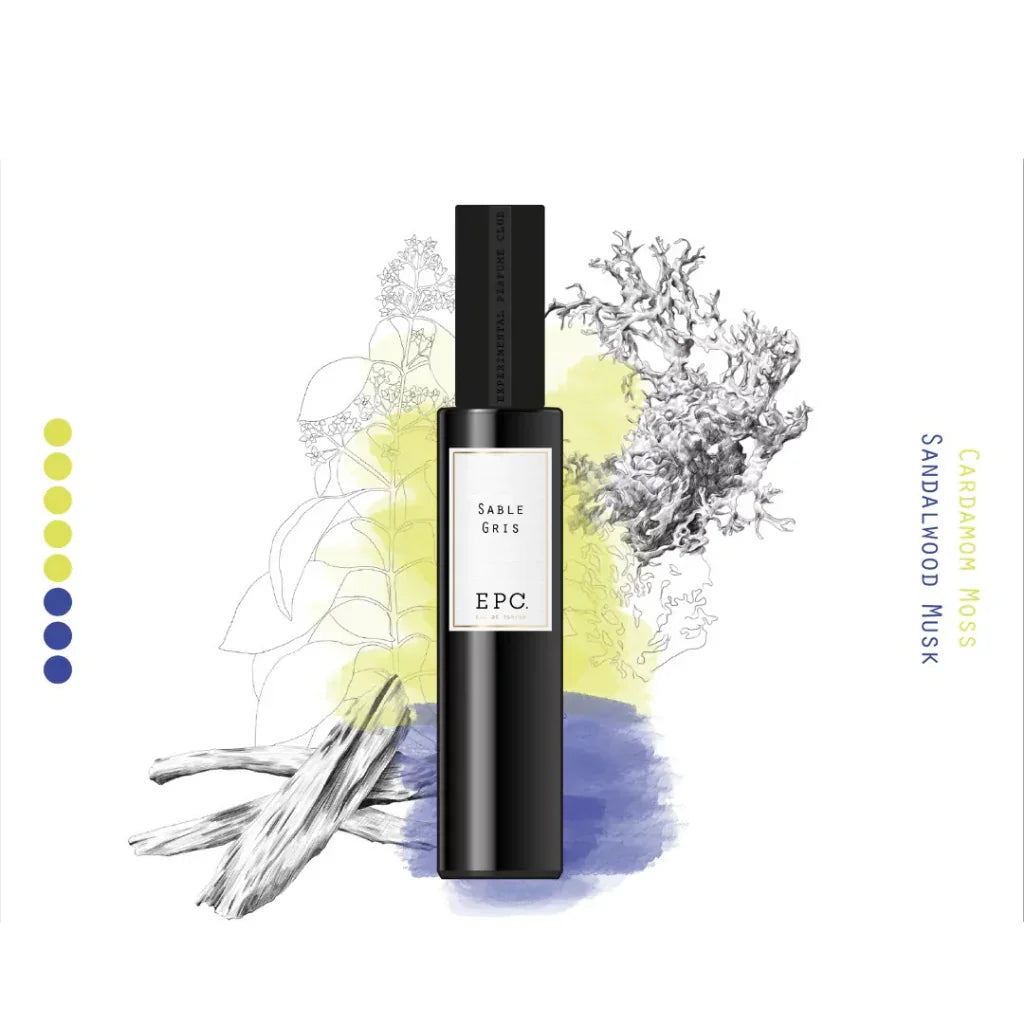 Das Bild zeigt ein schlankes, schwarzes Parfümfläschchen von Experimental Perfume Club mit der Aufschrift "Sable Gris". Im Hintergrund sind botanische Illustrationen von Kardamom, Moos und Sandelholzmoschus zu sehen.