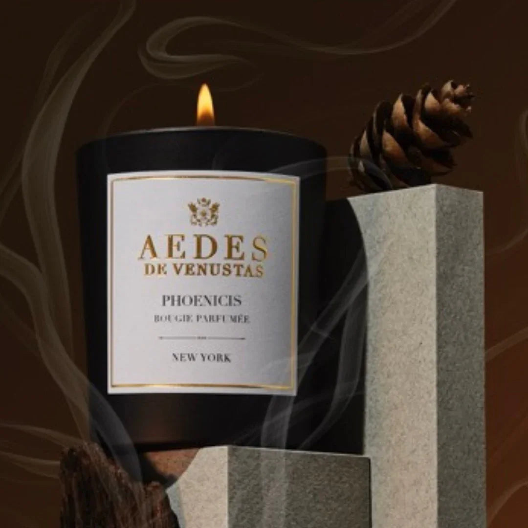 Aedes de Venustas PHOENICIS Duftkerze Mood brennende Kerze closeup Zapfen