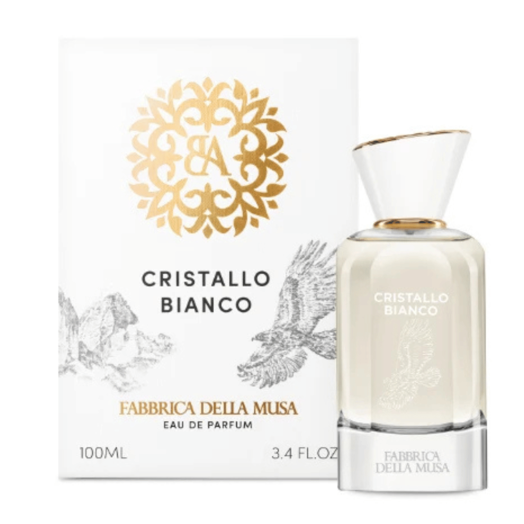 Fabbrica Della Musa CRISTALLO BIANCO Eau de Parfum Nischenduft Flakon vor der Box mit Golddruck bei scent amor deinem Fachmann für Nischenparfum