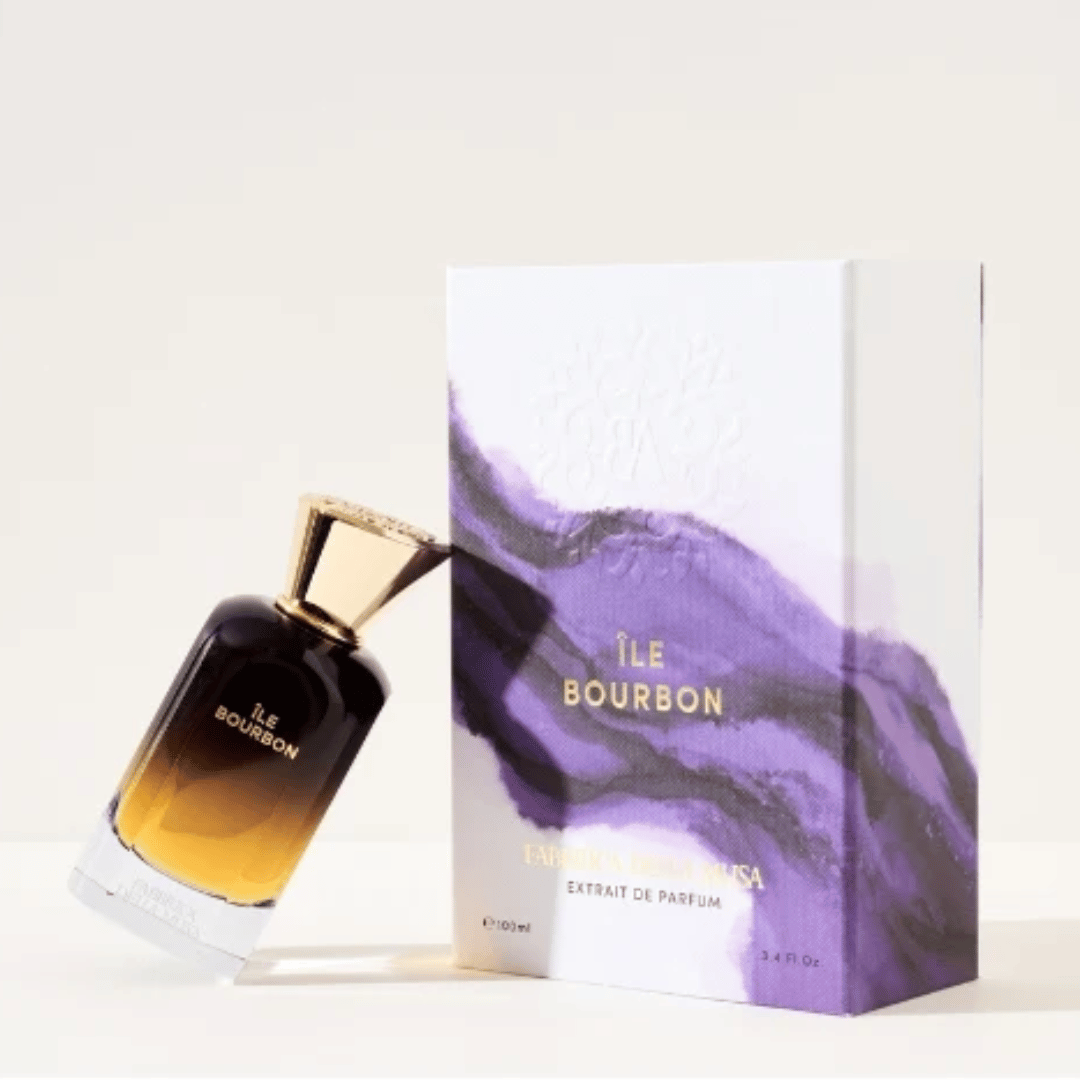 Fabbrica Della Musa ÎLE BOURBON Extrait de Parfum Nischenduft Flakon neben der Verpackung bei scent amor deinem Fachmann für die besten Nischenparfums