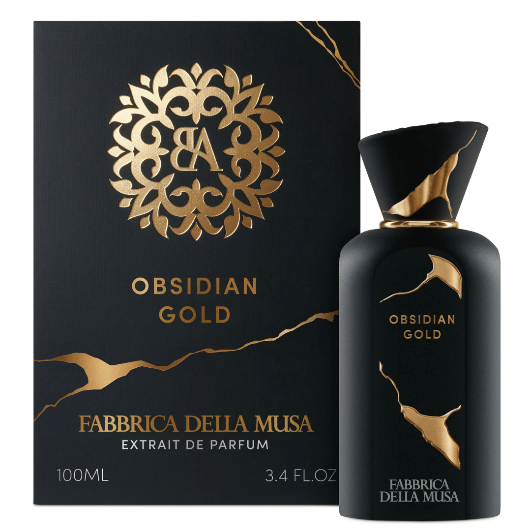 Fabbrica Della Musa OBSIDIAN GOLD Extrait de Parfum mattschwarzer Nischenduft Flakon vor der Box bei scent amor Spezialist für Nischenparfum