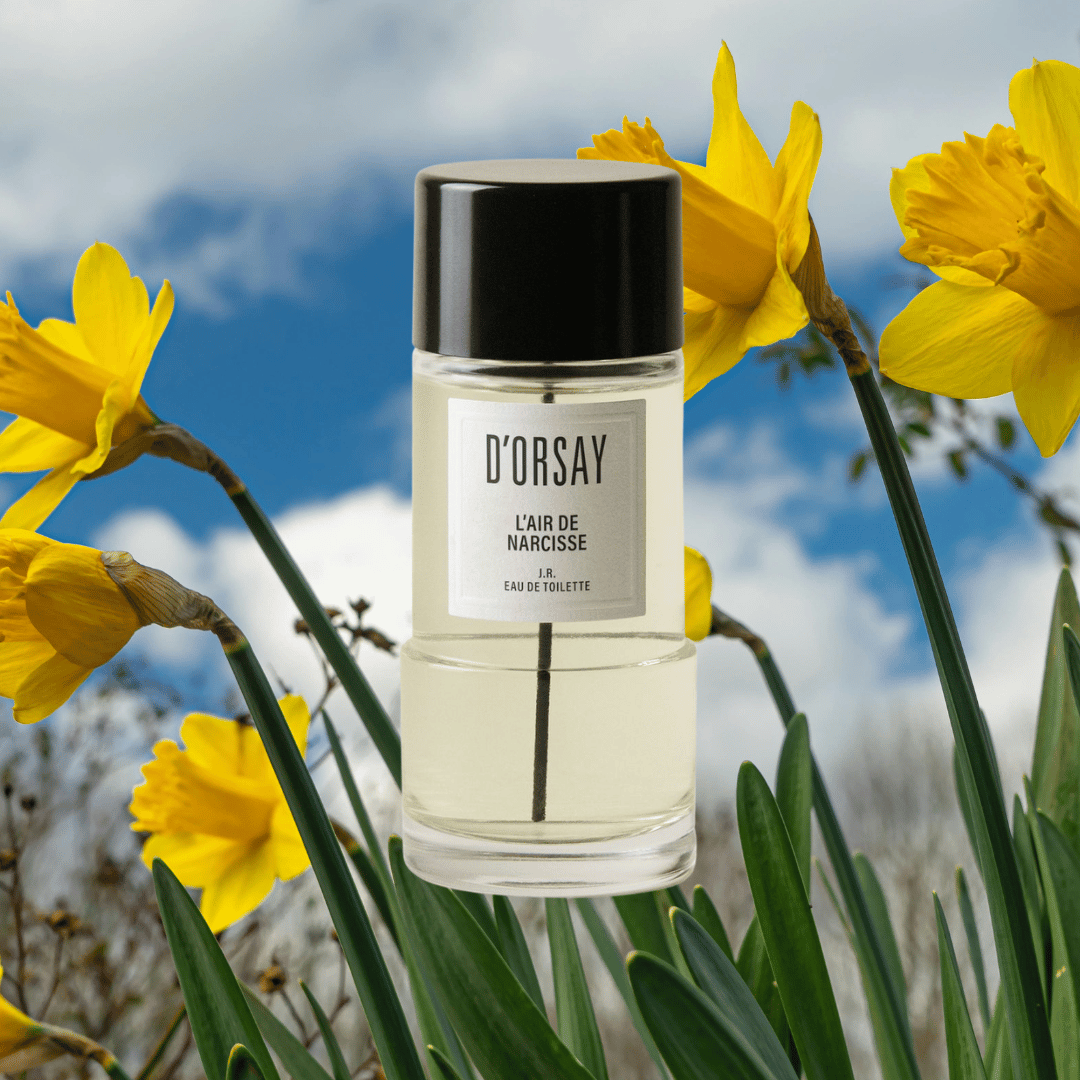 freigestellter Nischenduft Flakon vor Narzissen von D'Orsay für scent amor