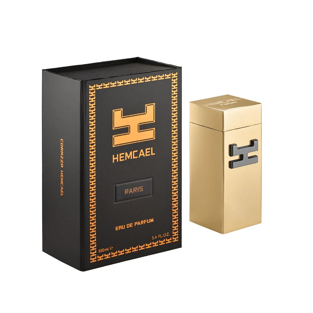Hemcael Raris Eau de Parfum - ein eleganter Duft im goldenen Flakon neben Verpackung, erhältlich bei scent amor