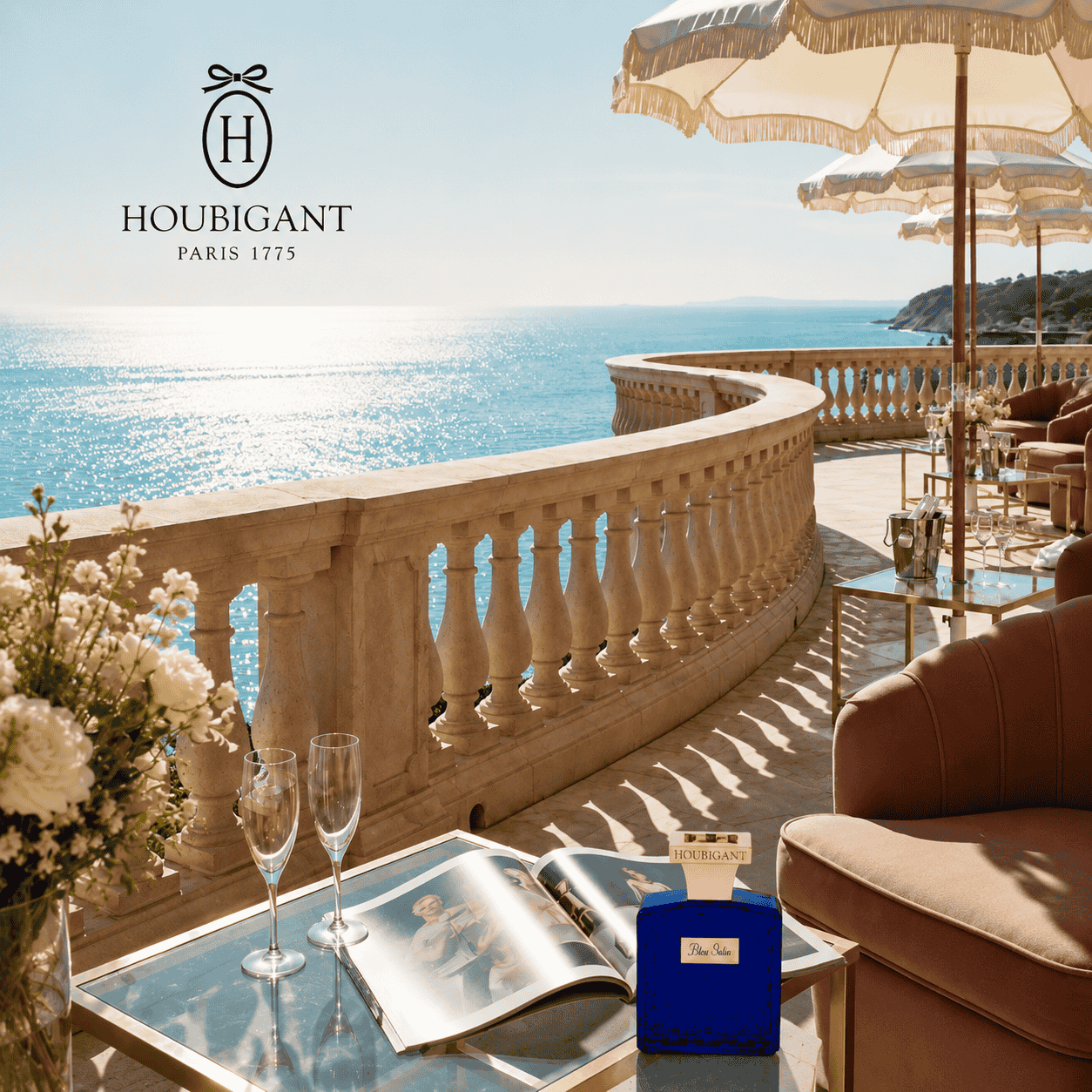 Houbigant Collection Cote d'Azur mit Bleu Salin auf einer Terrasse in der Sonne in Cannes für scent amor Deinem Fachmann für feine Nischendüfte