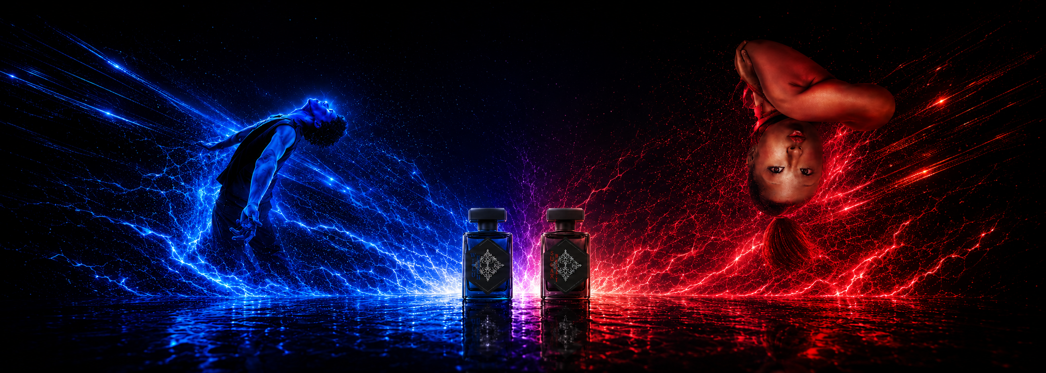 Initio Supercharged Nischenduft Wild Rush und Sugar Blast bei scent amor deinem Fachmann für Nischenduft vor blau rotem Drama Hintergrund