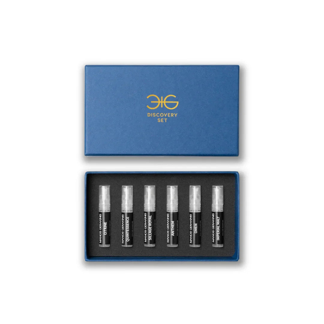 scent amor präsentiert Nischendüfte von Manos Gerakinis im Discovery Set Nr. 2 in der blauen Schachtel