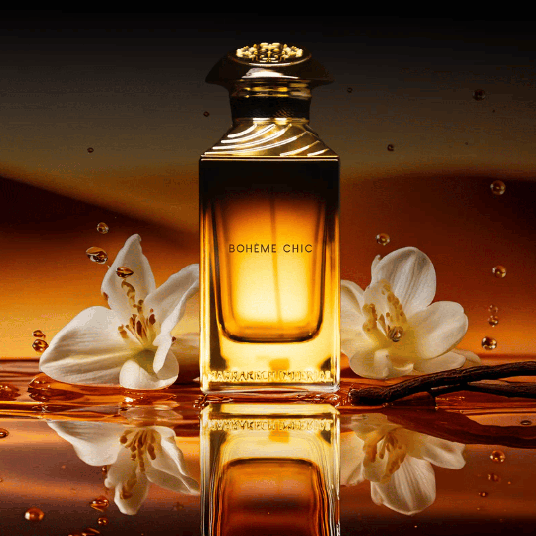 Boheme Chic Marrakech Imperial Flakon Nischenduft orange mit Blüten und Wassertropfen bei scent amor