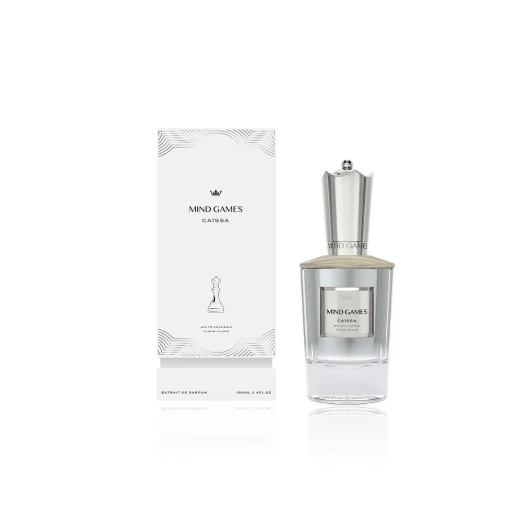 Parfümflasche "Caïssa" von Mind Games neben passender Verpackung, in elegantem, modernem Design dargestellt und präsentiert bei scent amor