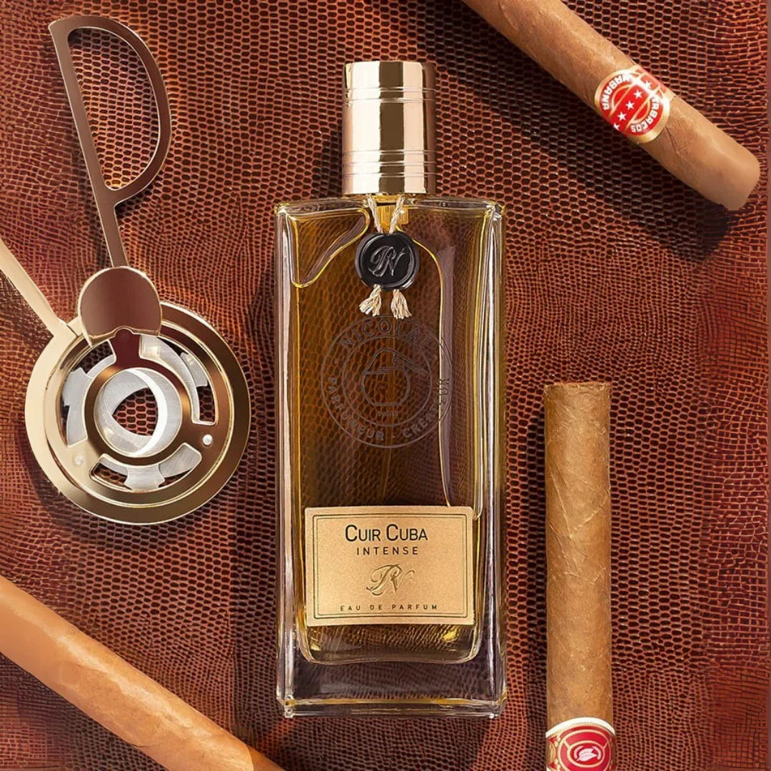 Nicolaï CUIR CUBA INTENSE Eau de Parfum Mood Flakon mit Zigarren und Zigarrenschneider scent amor