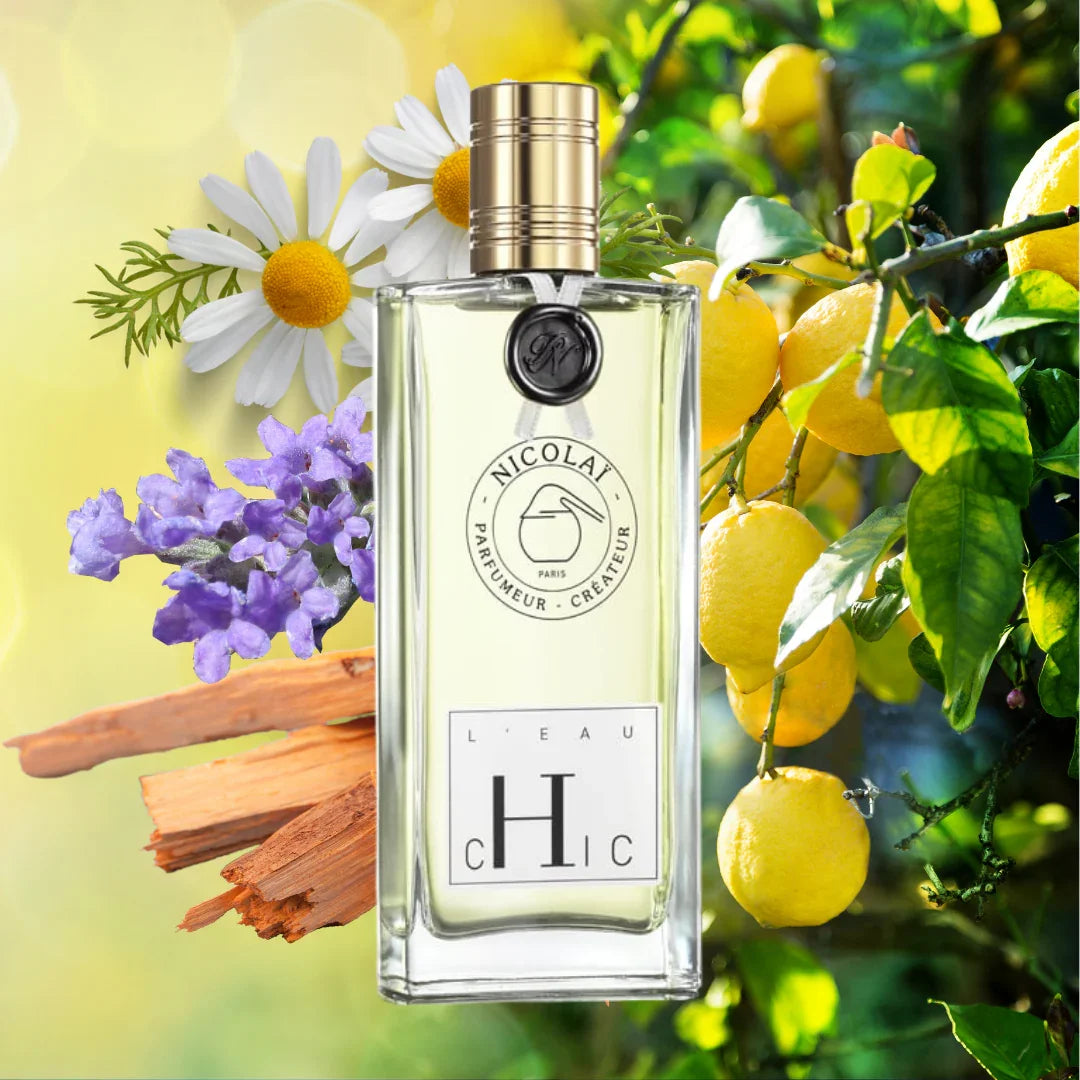 Nicolaï L'EAU CHIC Eau Fraiche Mood Flakon mit Holz Blüten und Zitronen scent amor