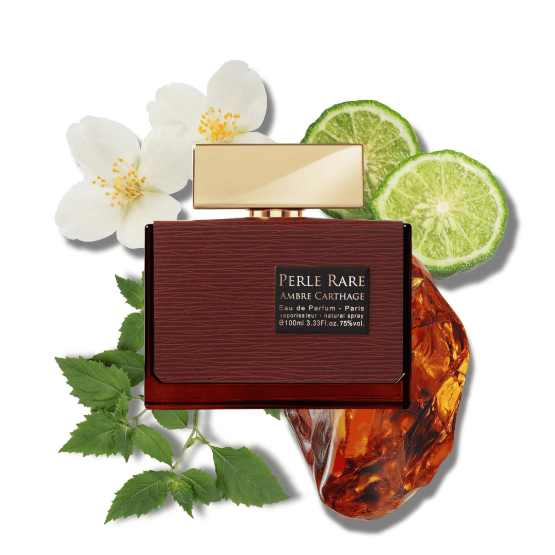 Panouge Paris – PERLE RARE AMBRE CARTHAGE Eau de Parfum Nischenduft Flakon vor den Duftzutaten bei scent amor